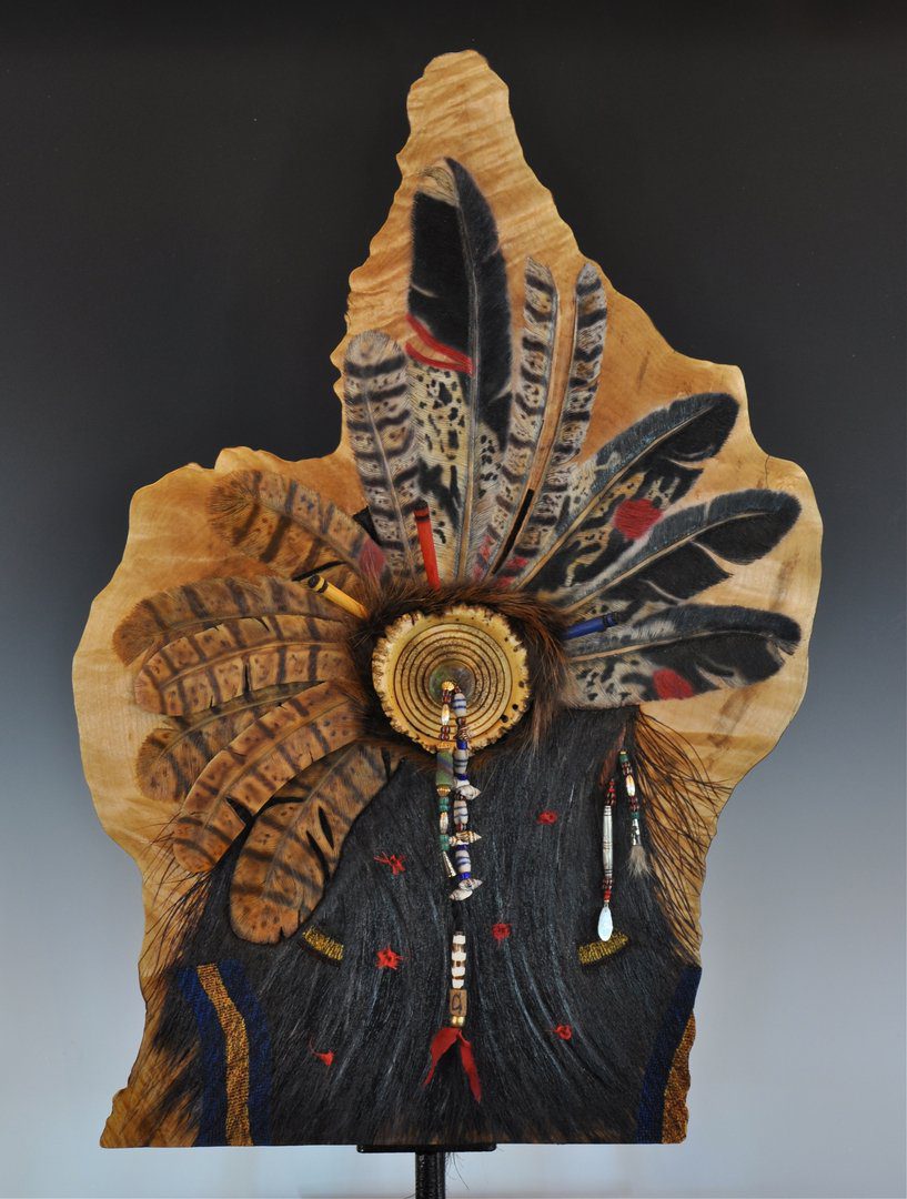 A native american style headdress on display.